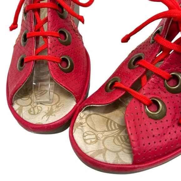 Fly London Ylfa Red Leather Lace Up Peep Toe Wedge Sandals Womens 40